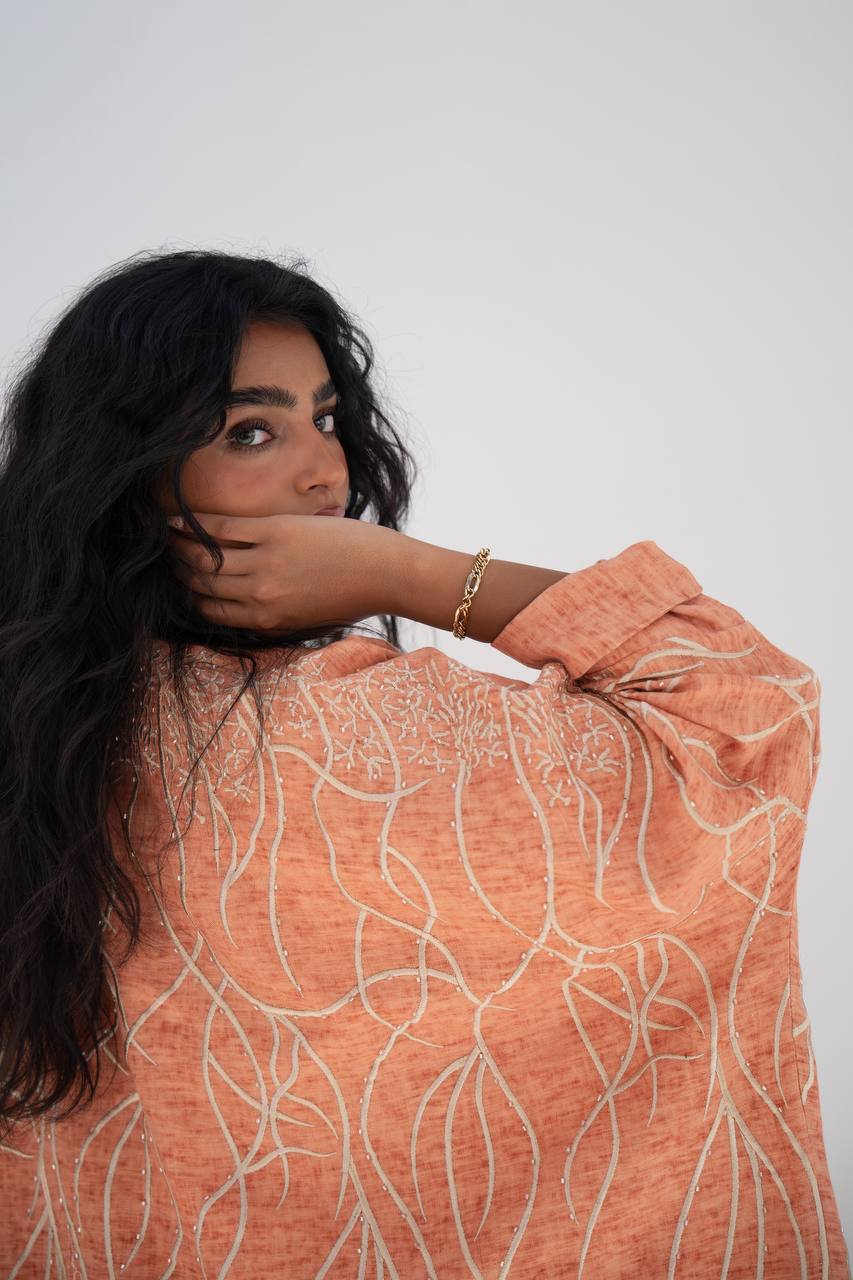 Orange linen bisht abaya with embroidery C:6648
