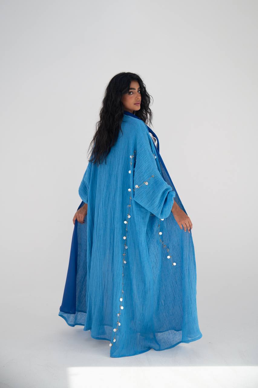 Blue linen abaya with hand embroidery C:6647
