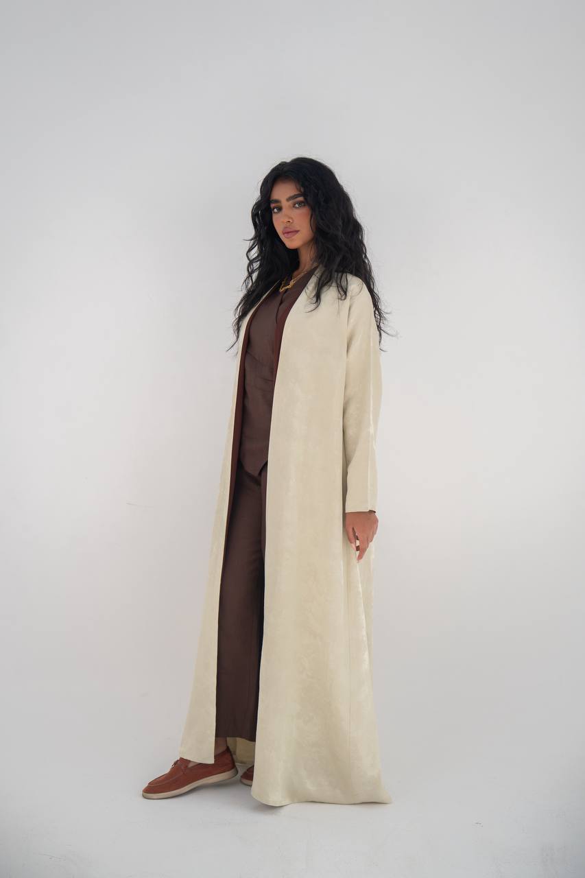 Beige crepe jacquard abaya C:6645