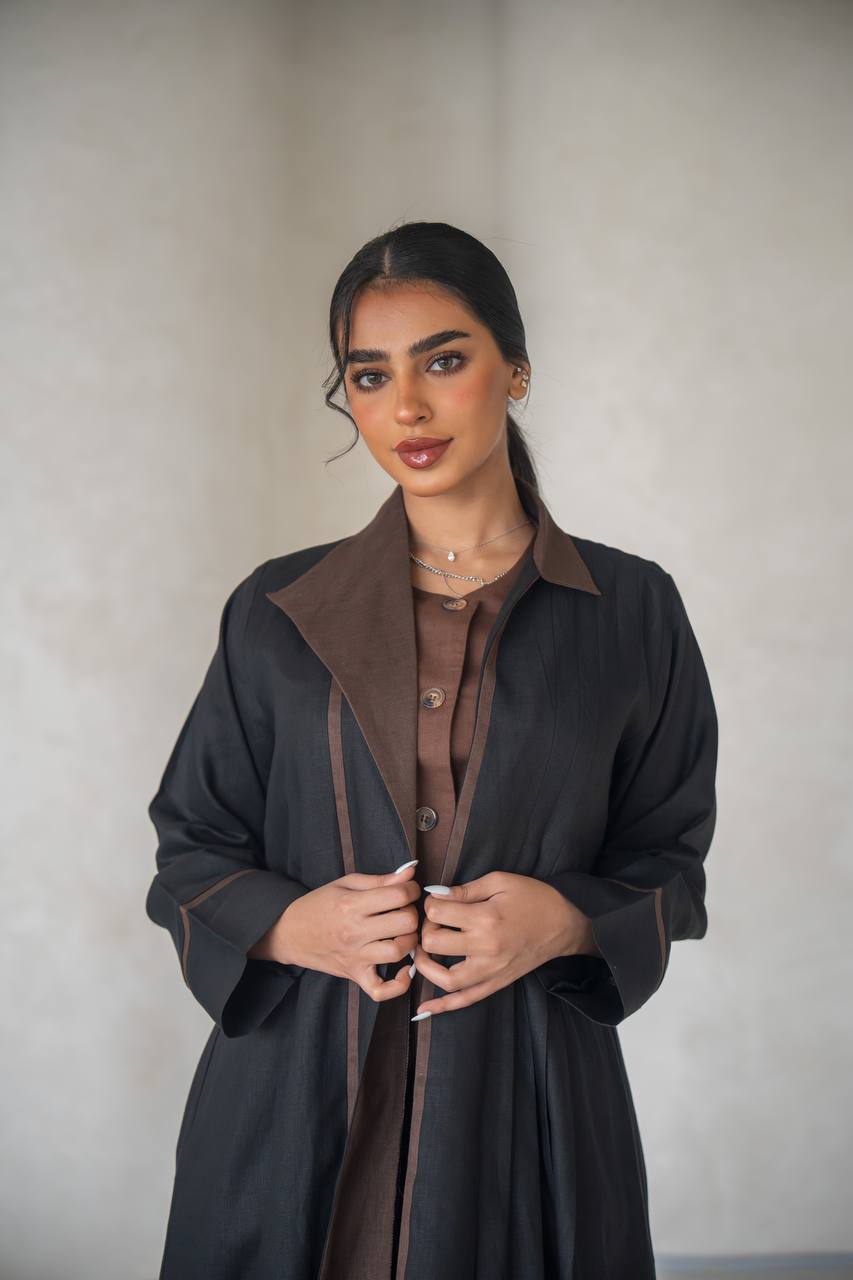 Black blazer abaya with inner set, made of linen C:6636 Black-Brown