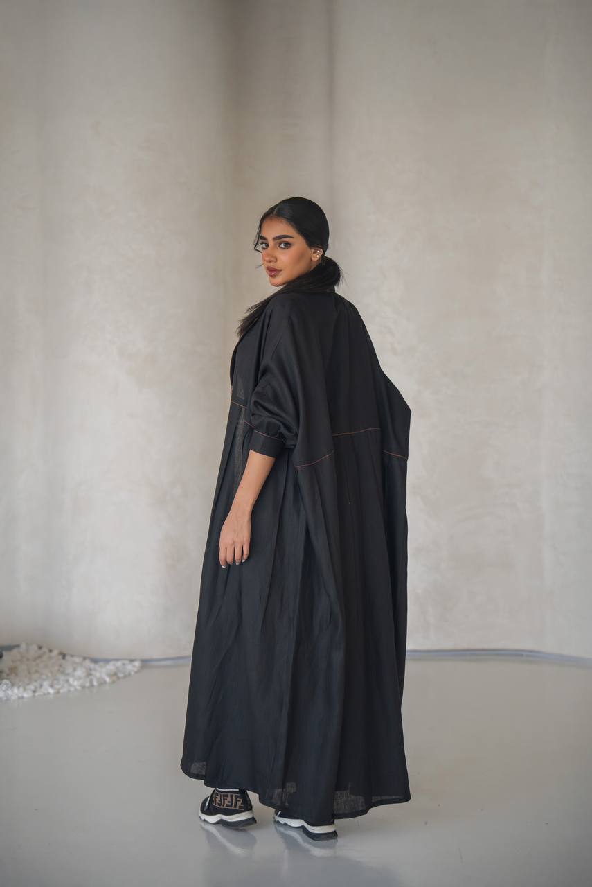 Free size black abaya with inner set, linen C:6641 (free size)