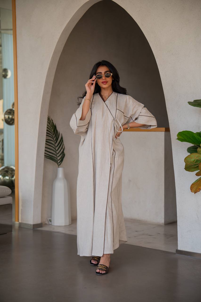 Abaya with inner set, beige, linen C:6635 (Free size)