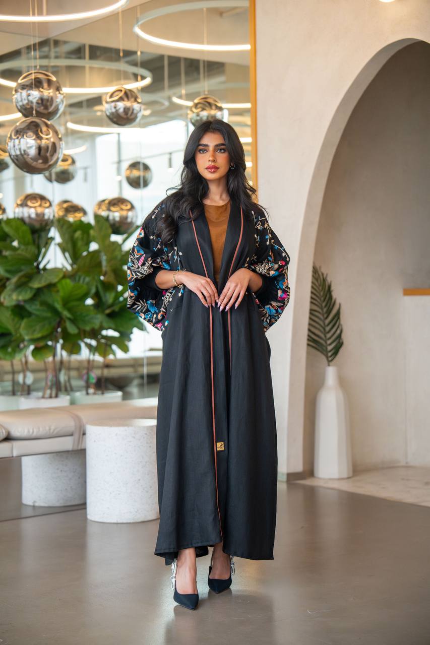Free size black linen abaya with embroidery C:6631 Blue (Free size)