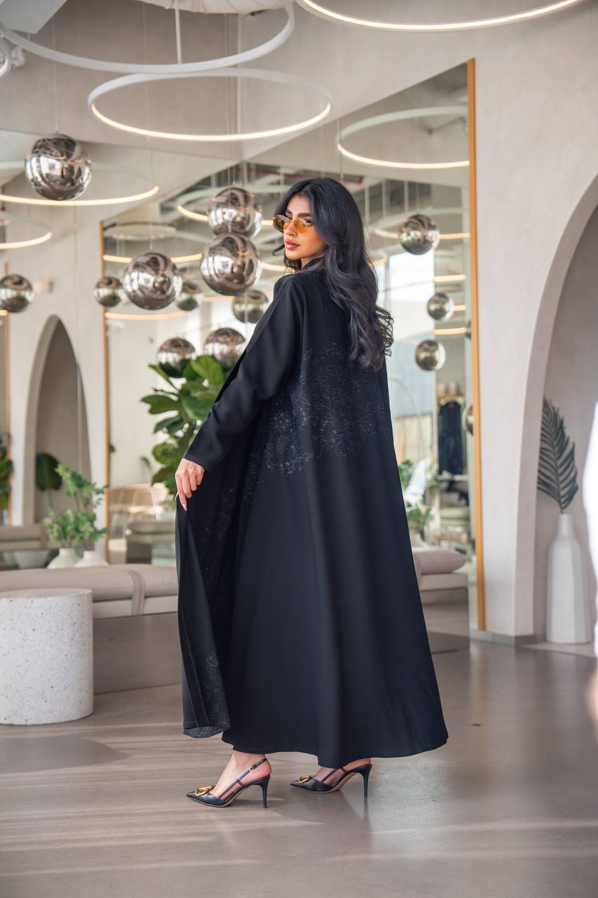 Black Cuban crepe abaya with embroidery C:6630 Black