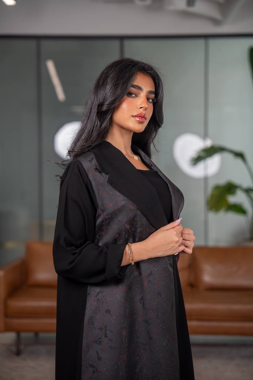 Black crepe blazer abaya with jacquard fabric C:6626