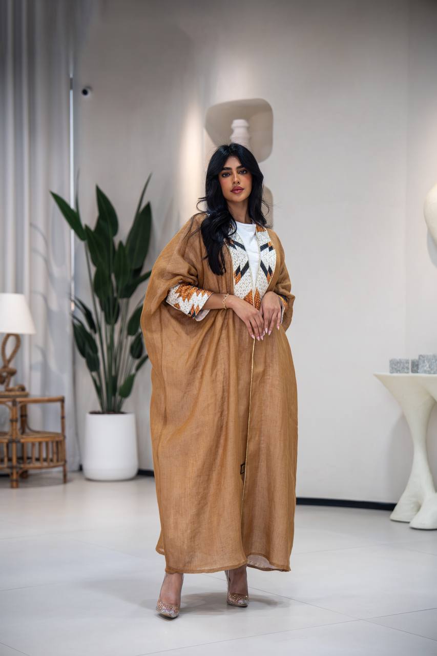Camel-colored burlap bisht abaya with embroidery C:6621 (Free size)