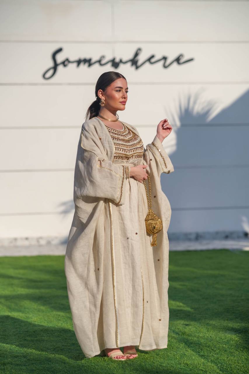 Bisht made of burlap and linen dress, in light beige with hand embroidery C:6618
