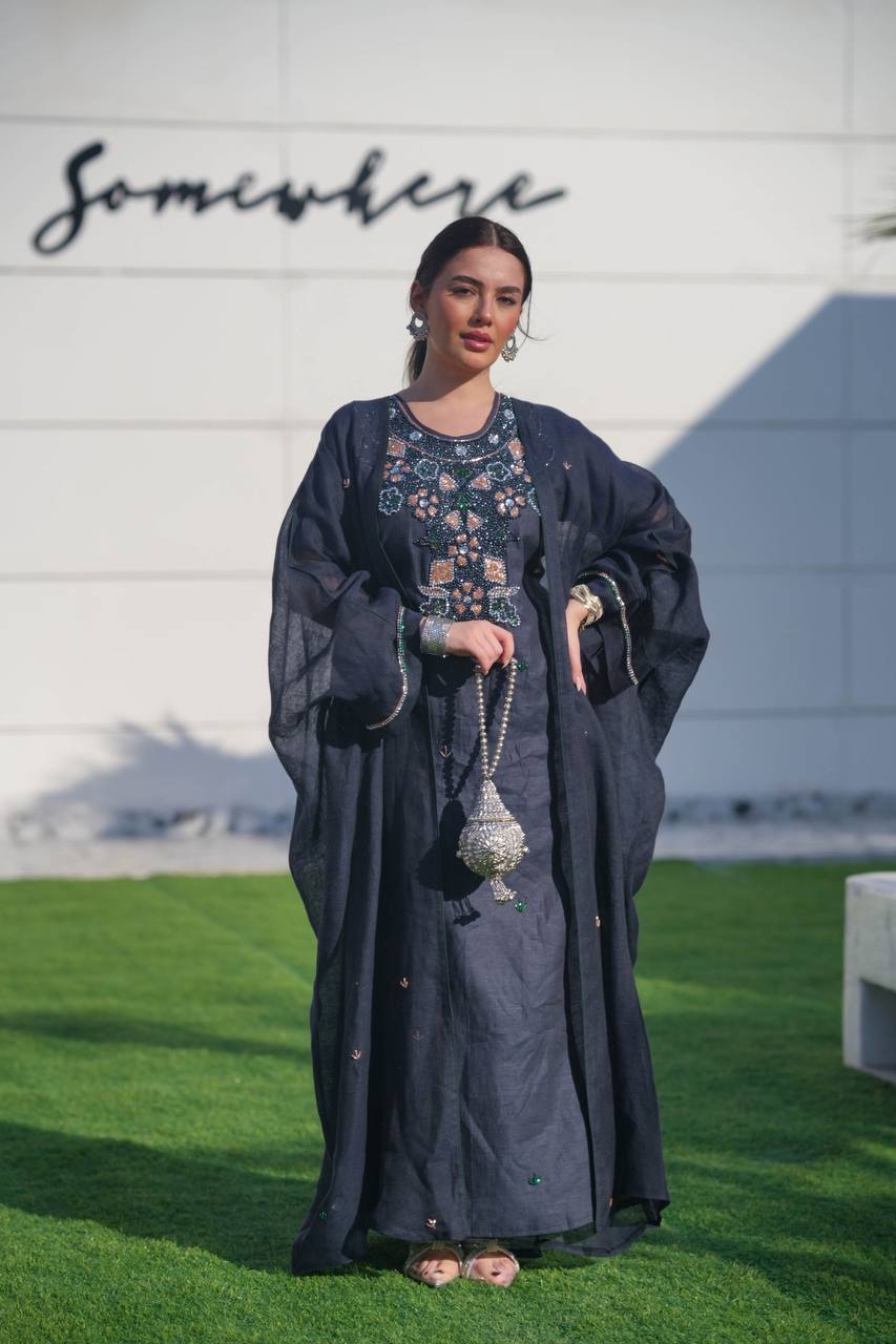 Bisht made of hessian material and linen dress, in navy blue with hand embroidery C:6619 (Free size)