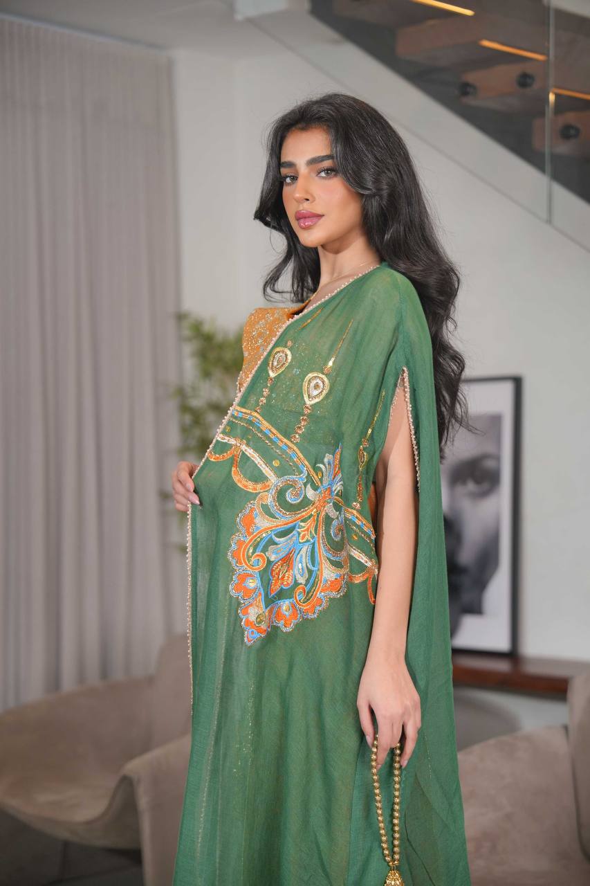 Green Bisht with beige linen dress with orange and embroidery C:6614
