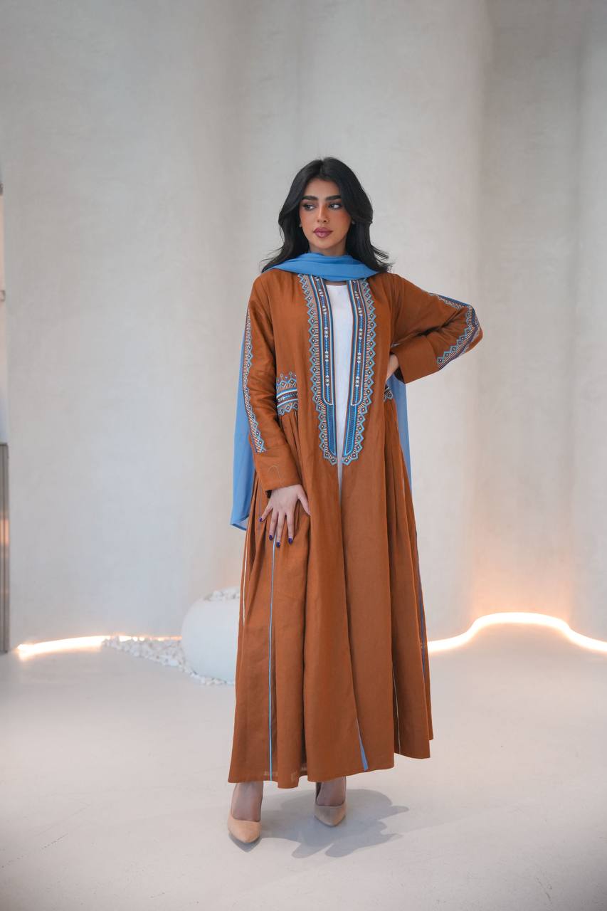 Linen abaya in camel color with embroidery C:6605 Brown