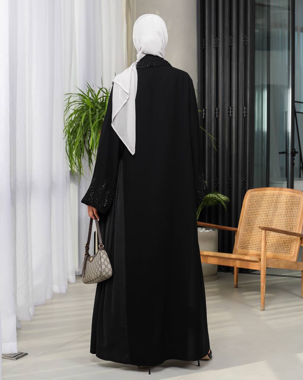Crepe fabric abaya with hand doubt C:6493 Black