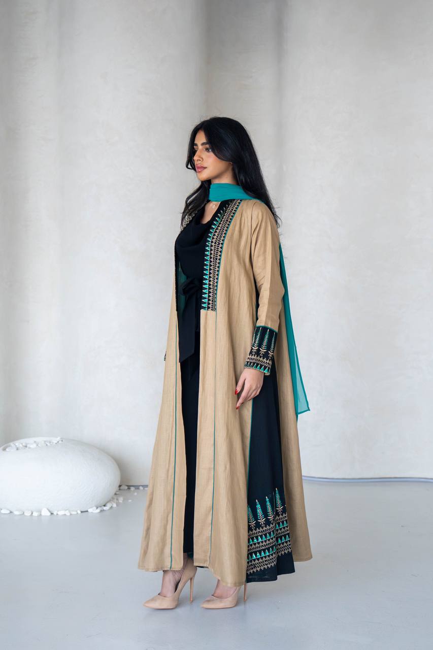 Linen beige abaya with embroidery C:6588 Beige