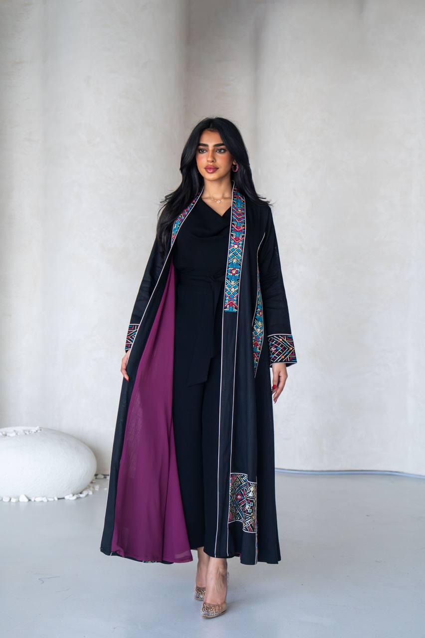 Linen abaya in black with embroidery C:6589 Black