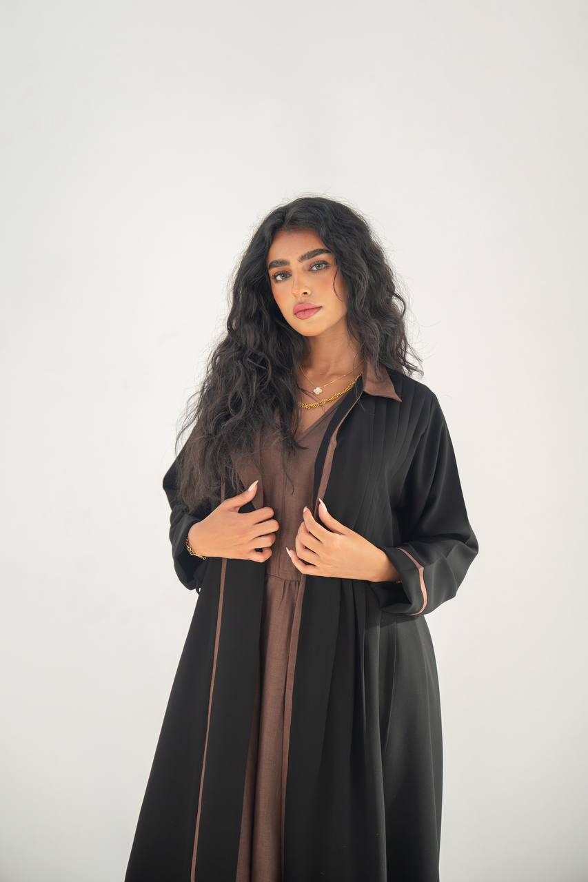 Black crepe blazer abaya with brown details C:6636 Black Crape