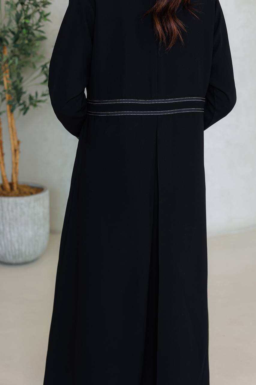 Crepe blazer abaya in black with embroidery.C:6667