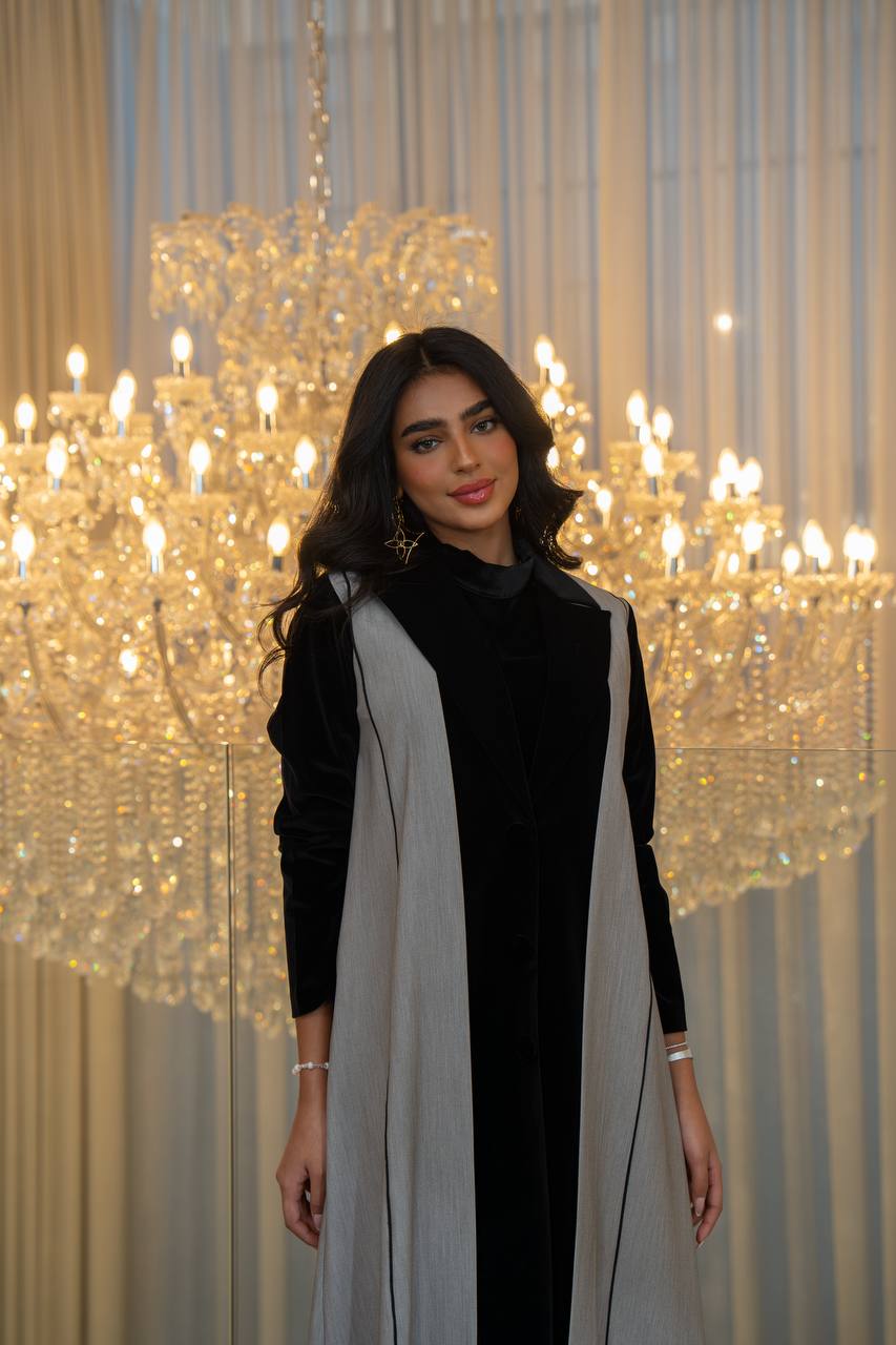 Grey crepe abaya with black velvet. C:6706