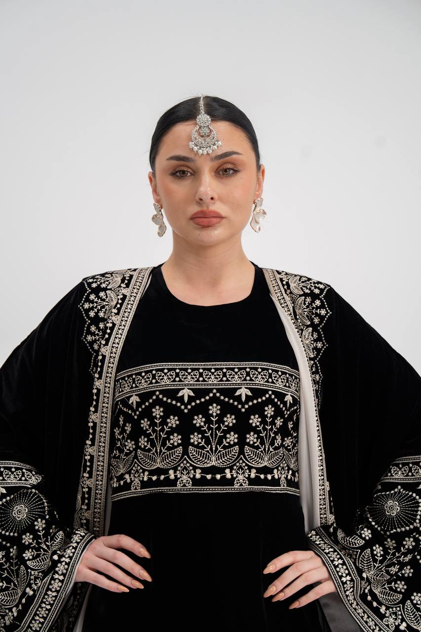 Black velvet abaya with embroidery. C:6744