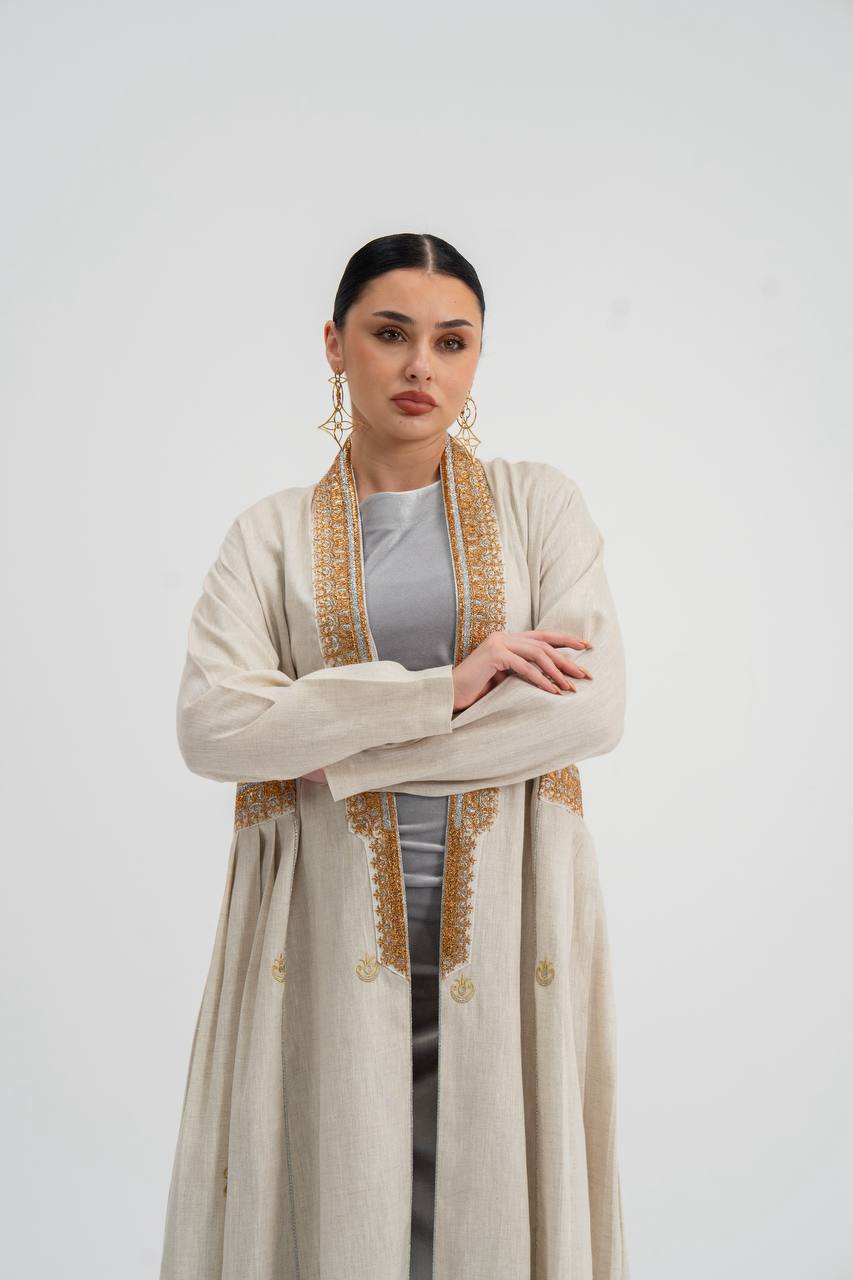 Linen abaya in light beige with embroidery. C:6745