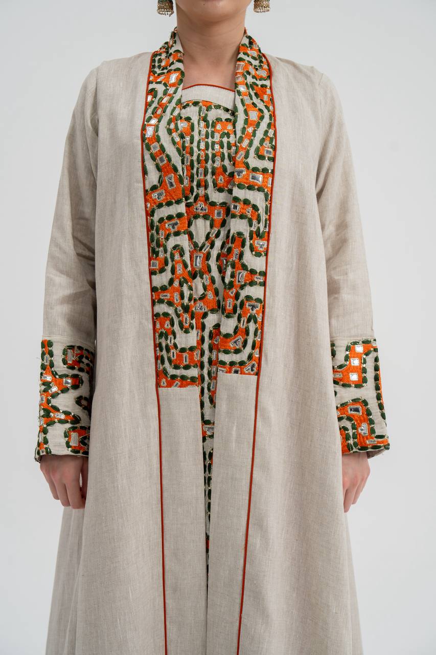 Abaya and dress set, light beige linen with embroidery. C:6743