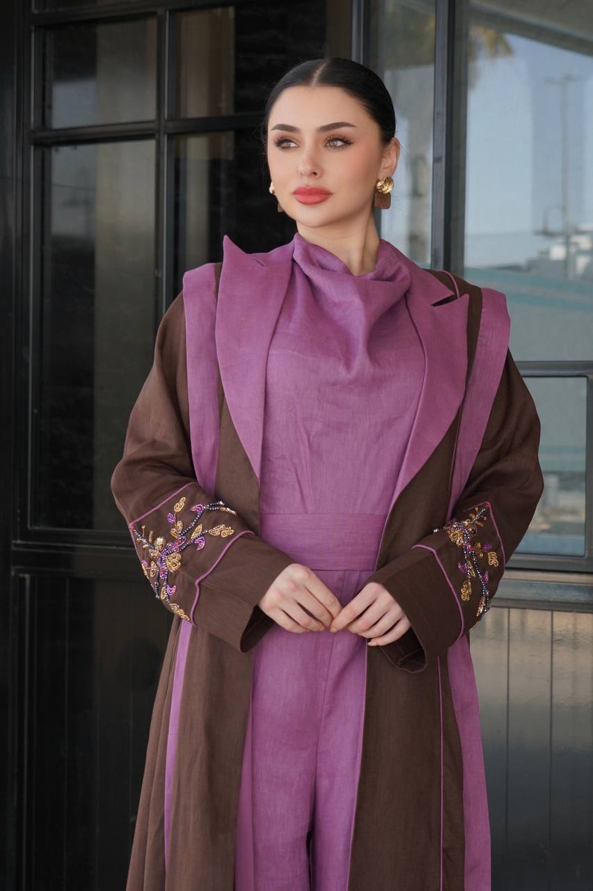 Brown linen blazer abaya with embellishments. C:6755