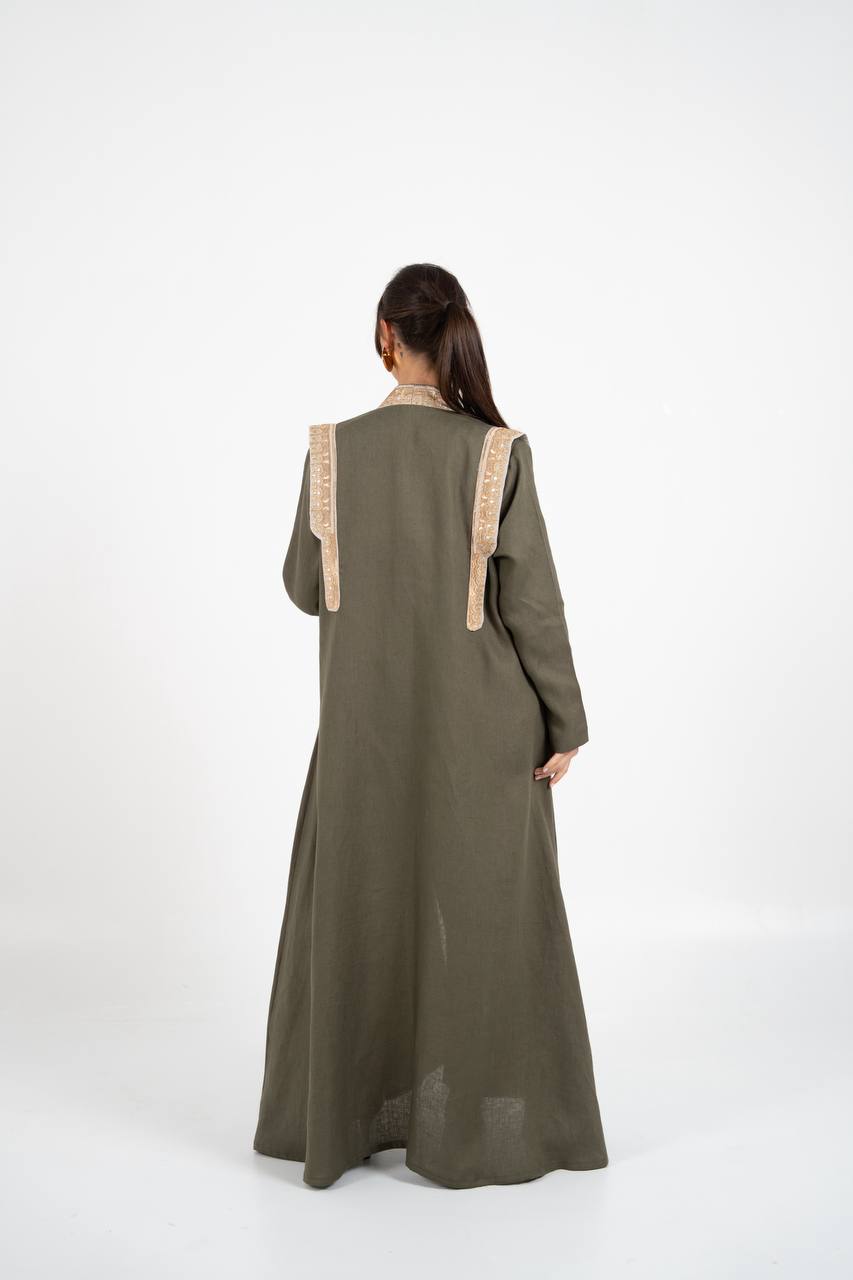 Linen abaya in olive green with embroidery. C:6762