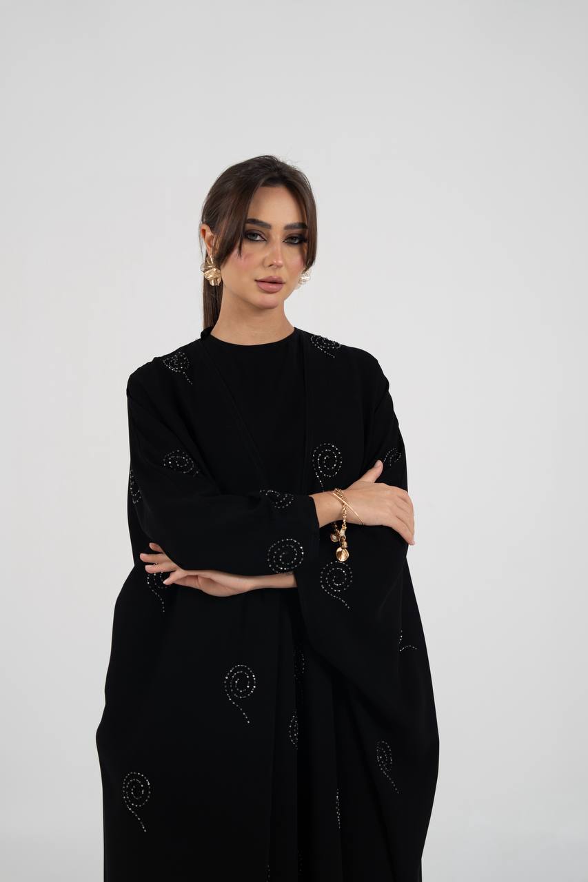 Black crepe abaya with beading and embroidery. C:6761