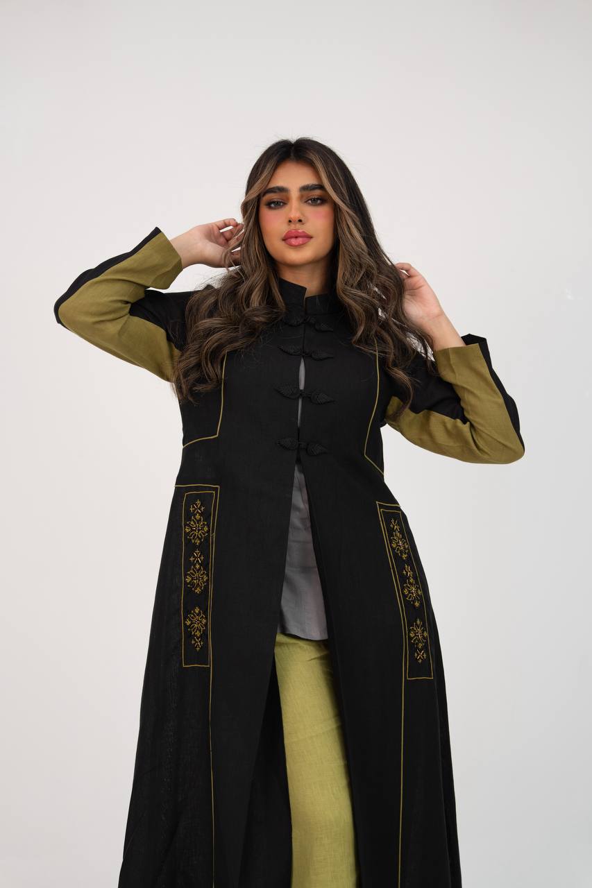 عباية لينن باللون الاسود مع شك يدوي . C:6766