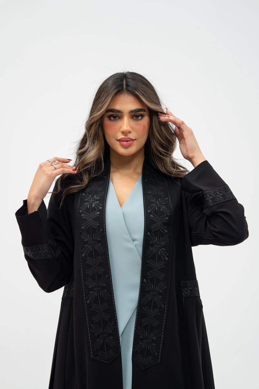 Black crepe abaya with hand-stitched details.C:6700 black crepe