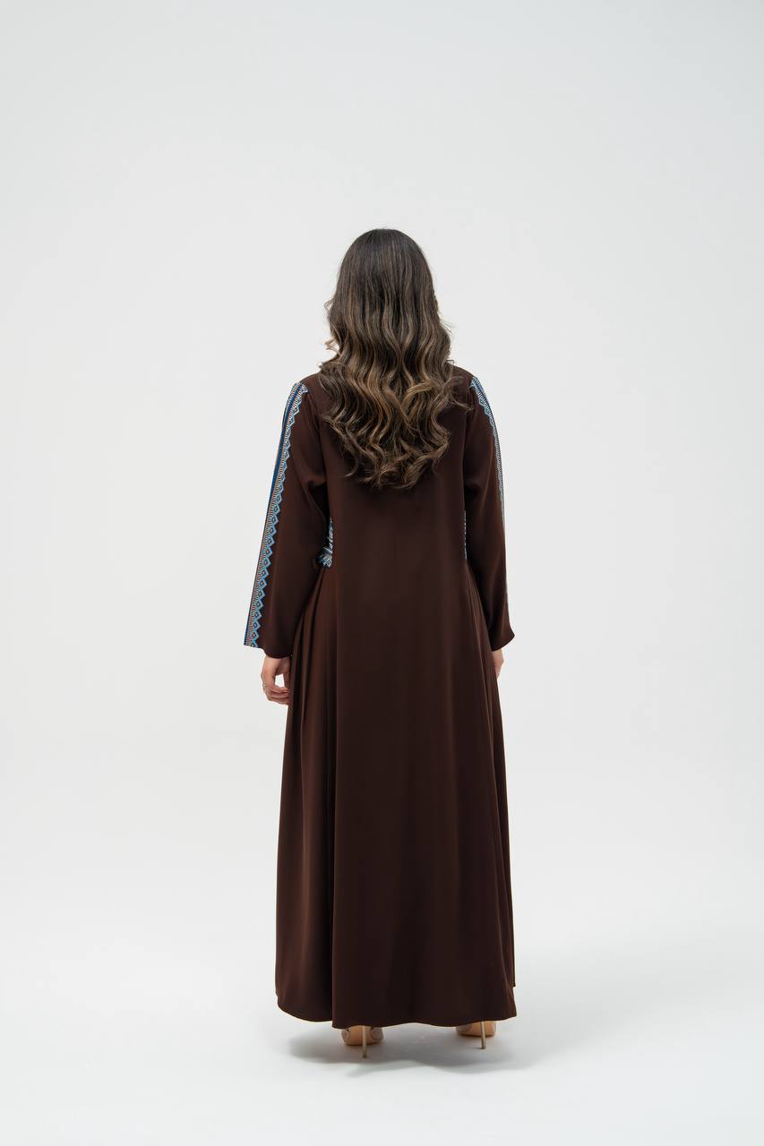 Brown crepe fabric abaya with embroidery. C: 6702 brown crepe