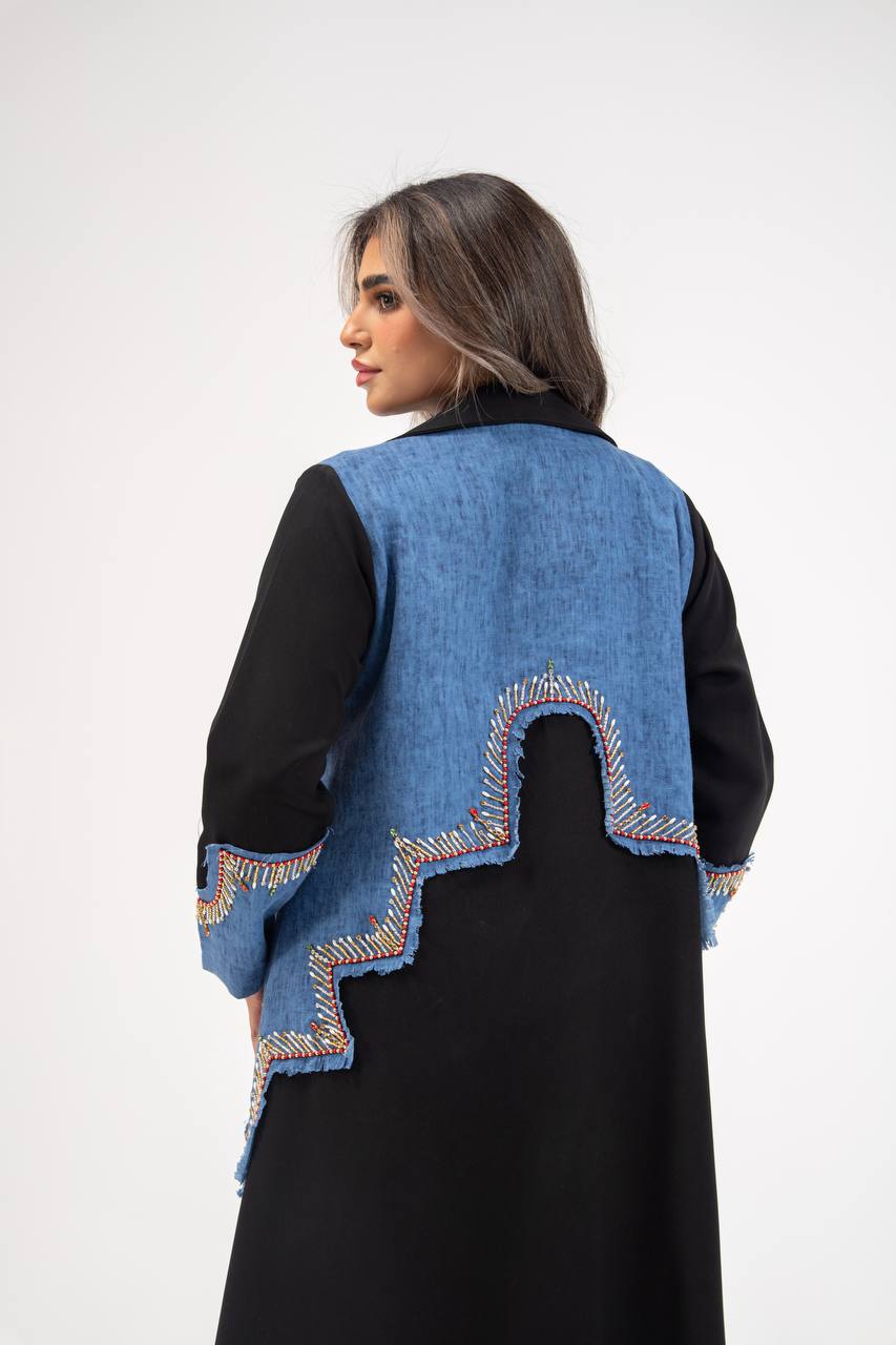 Black crepe blazer abaya with hand-stitched details. C:6771