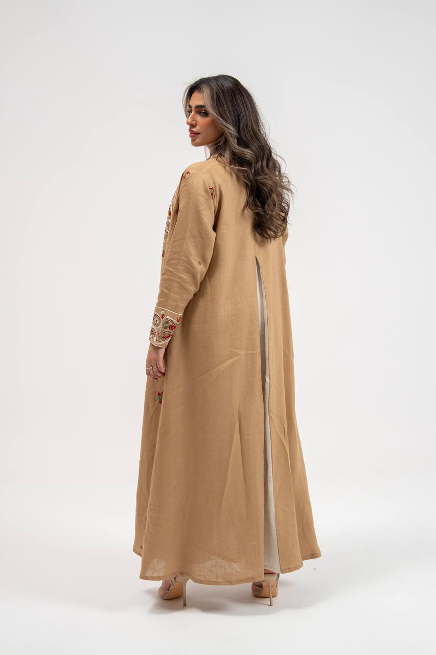 Beige linen abaya with embellishments. C:6772