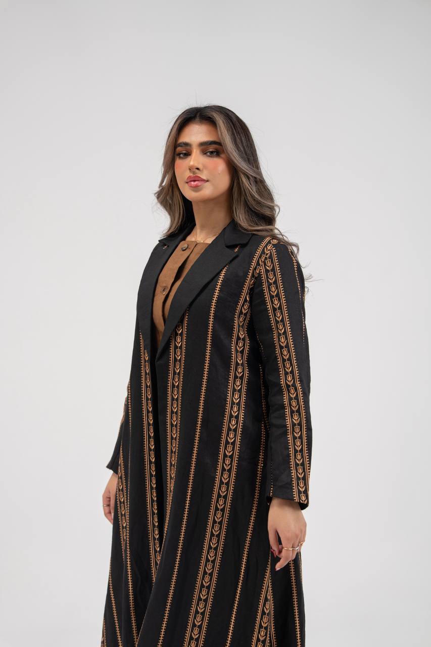 Linen abaya in black with embroidery. C:6764