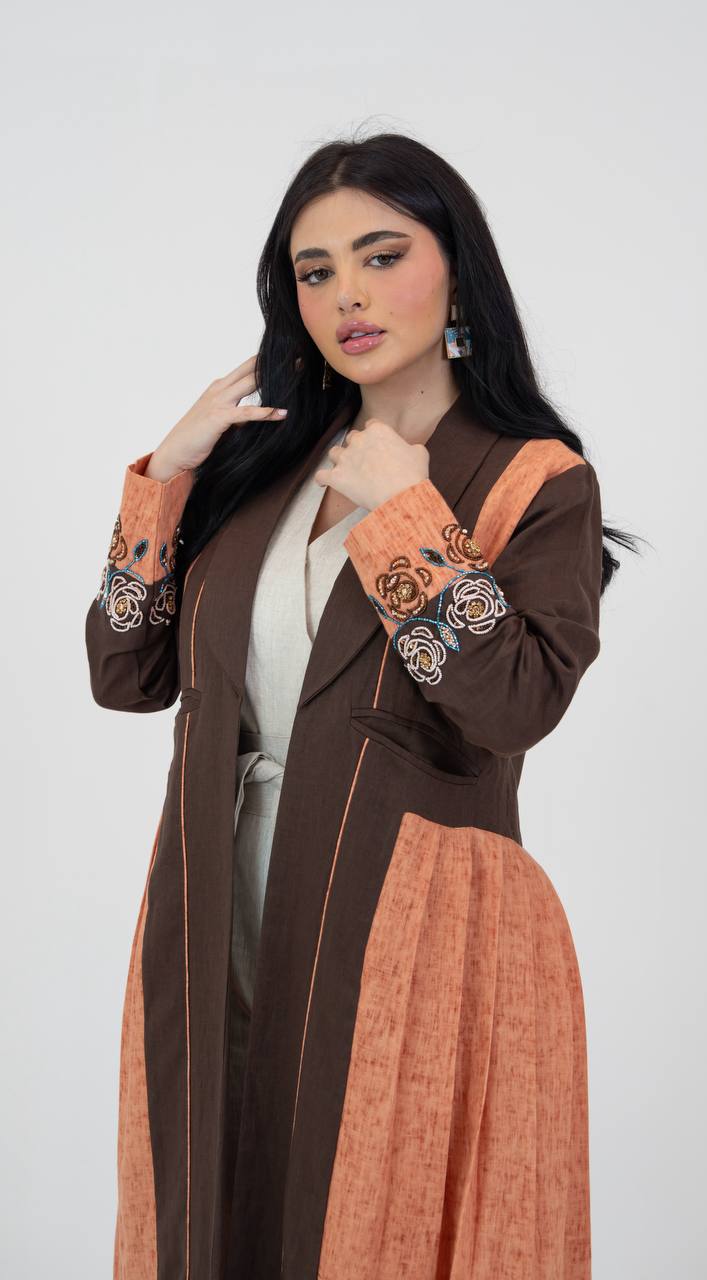 Linen abaya in brown and orange with hand-beading. C:6781