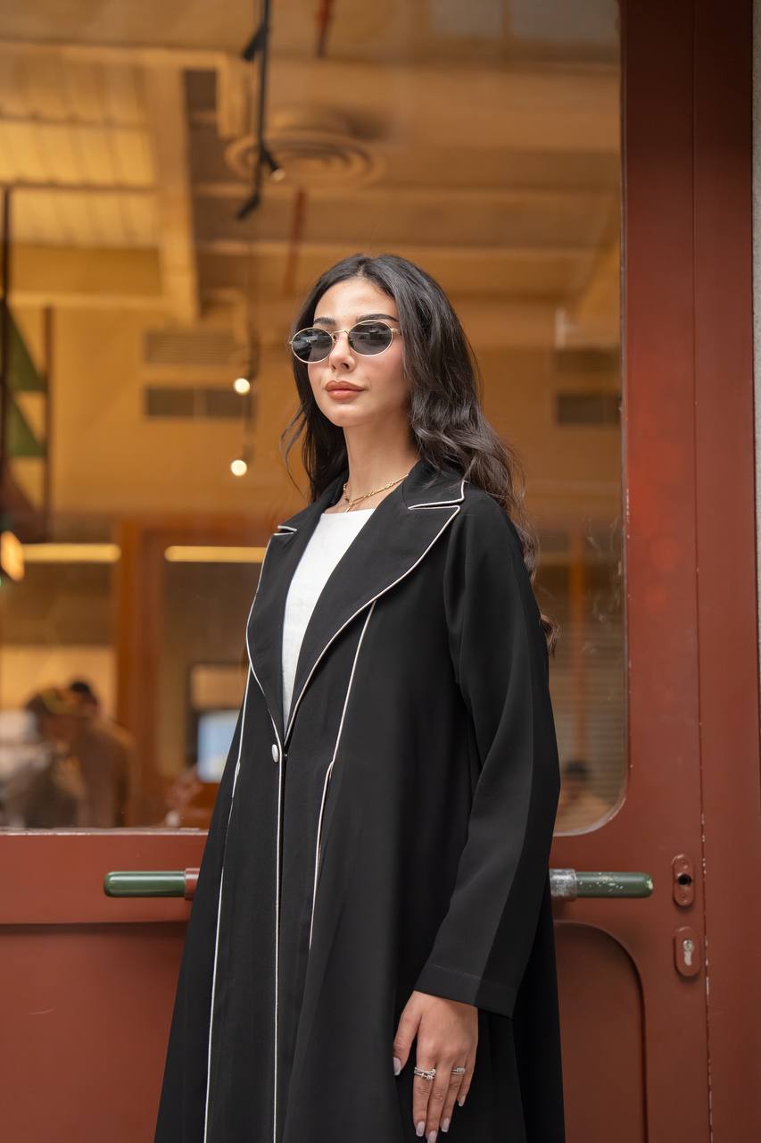 Black crepe abaya with white embroidery. C:6770