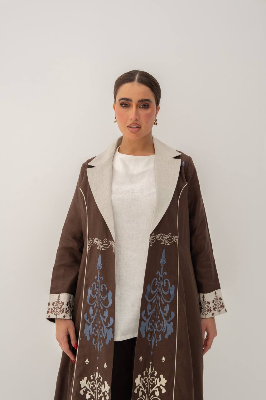 Linen abaya in brown with embroidery.C:6783 Brown