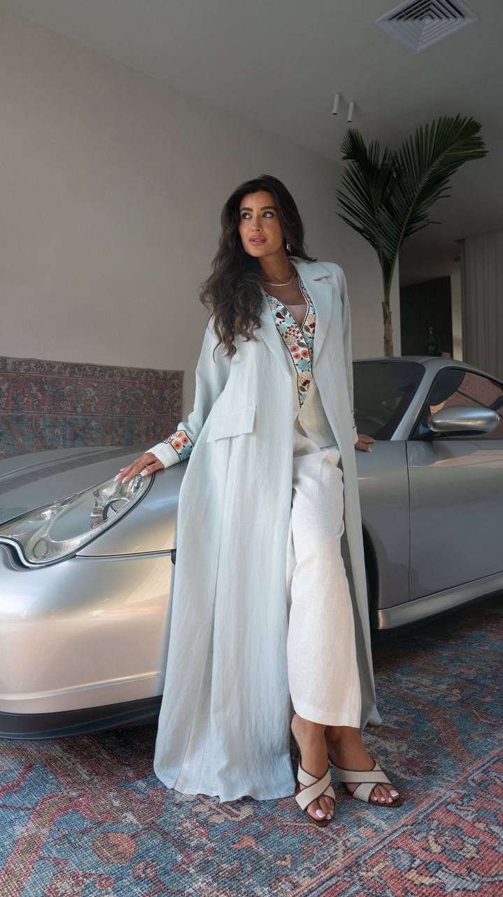 Blue linen blazer abaya with embroidery.C:6792