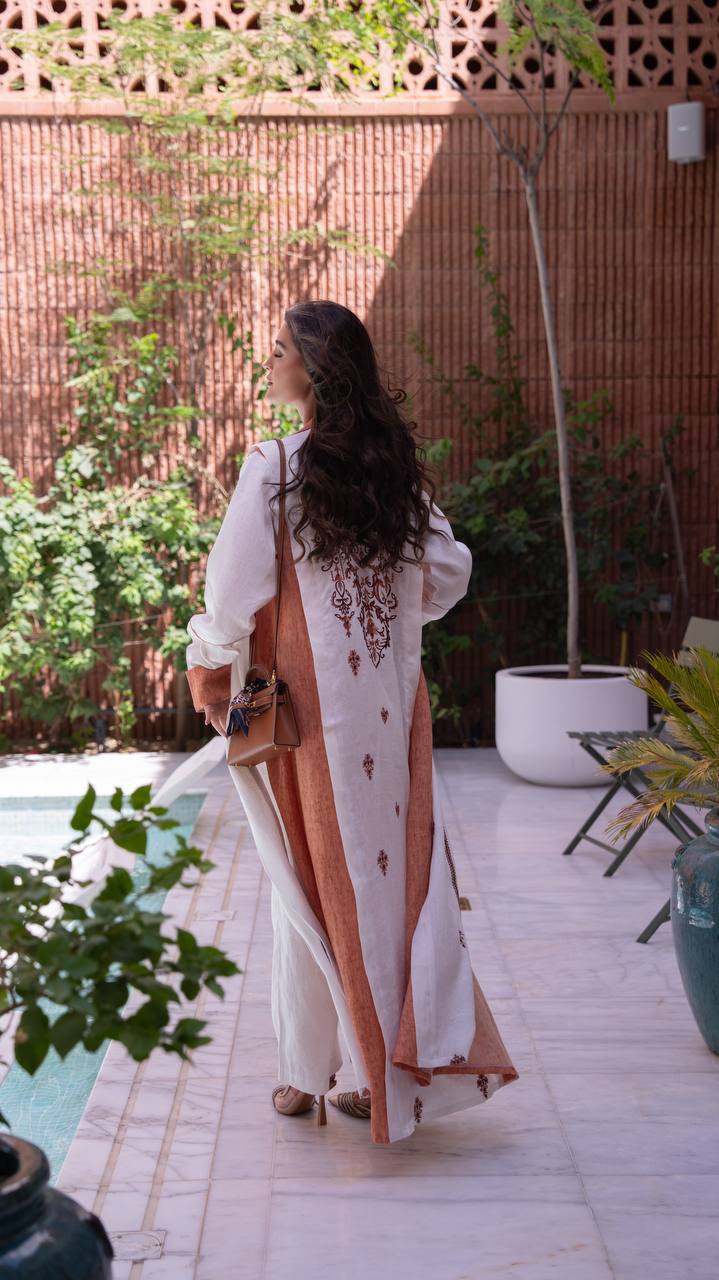 White and orange linen blazer abaya with embroidery. C:6794
