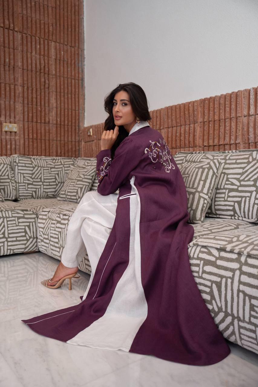 Purple linen blazer abaya with embroidery.C:6801