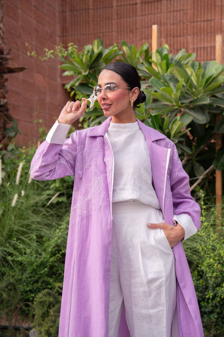 Purple linen blazer abaya with embroidery. C:6793