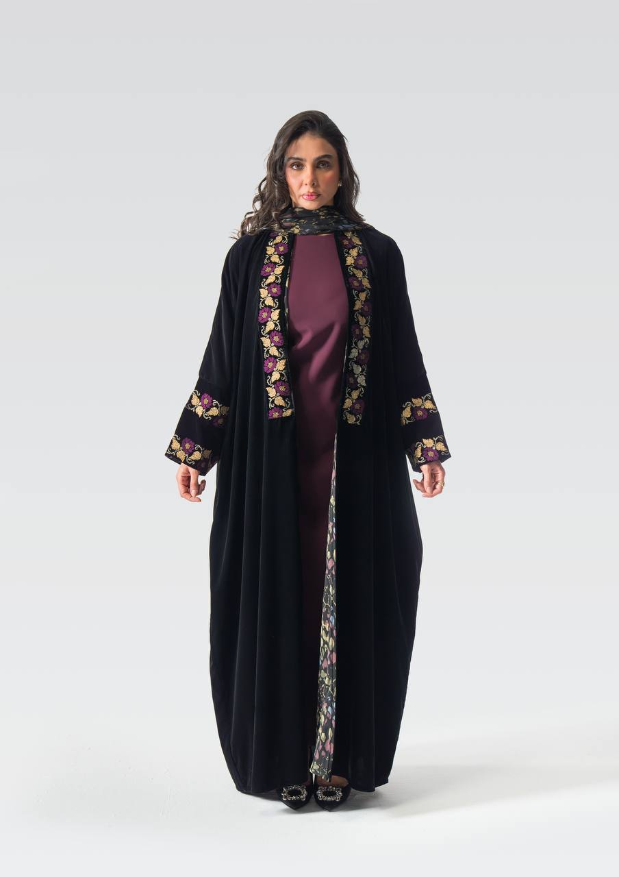 Black velvet bisht with embroidery.C:6833