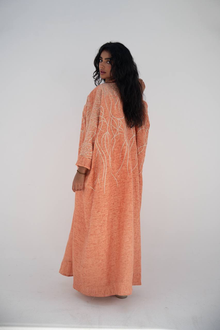 Orange linen bisht abaya with embroidery C:6648