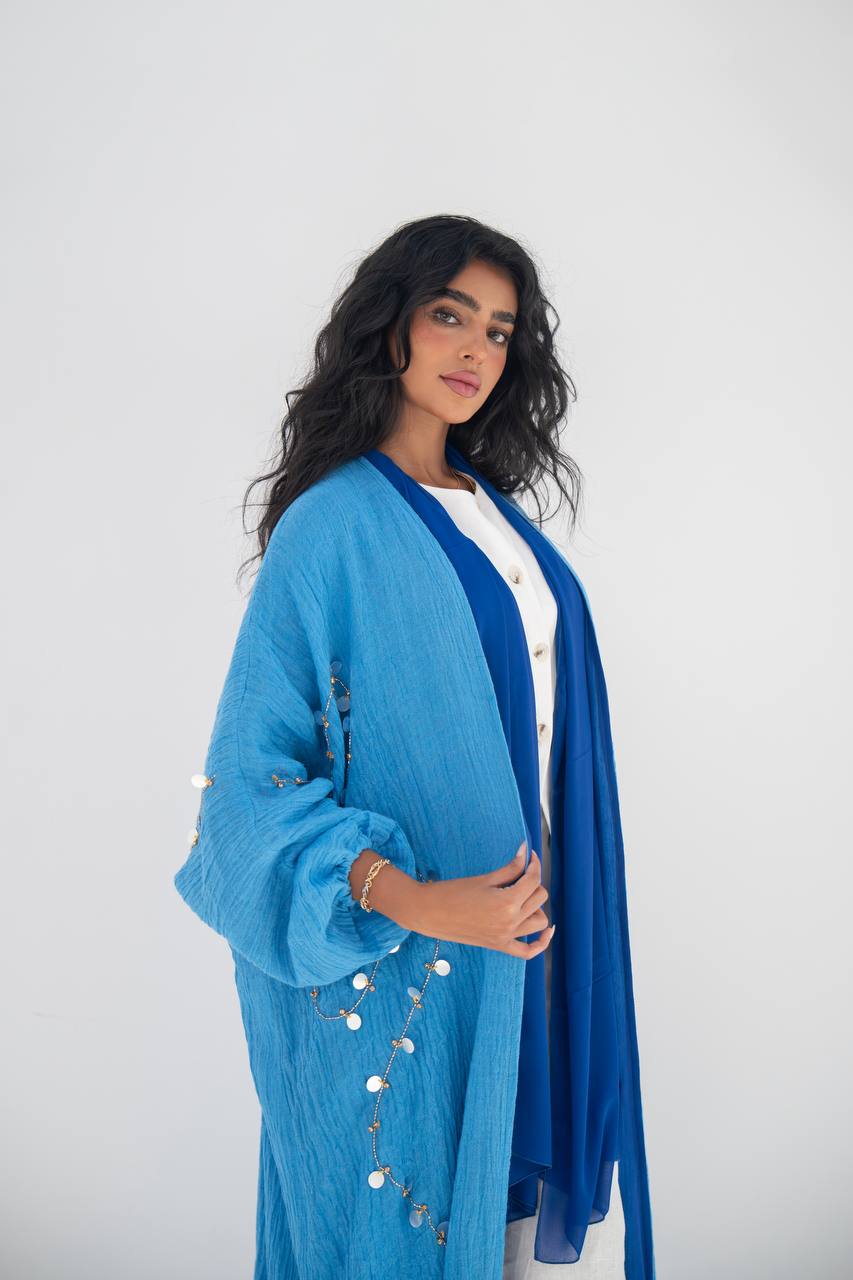 Blue linen abaya with hand embroidery C:6647