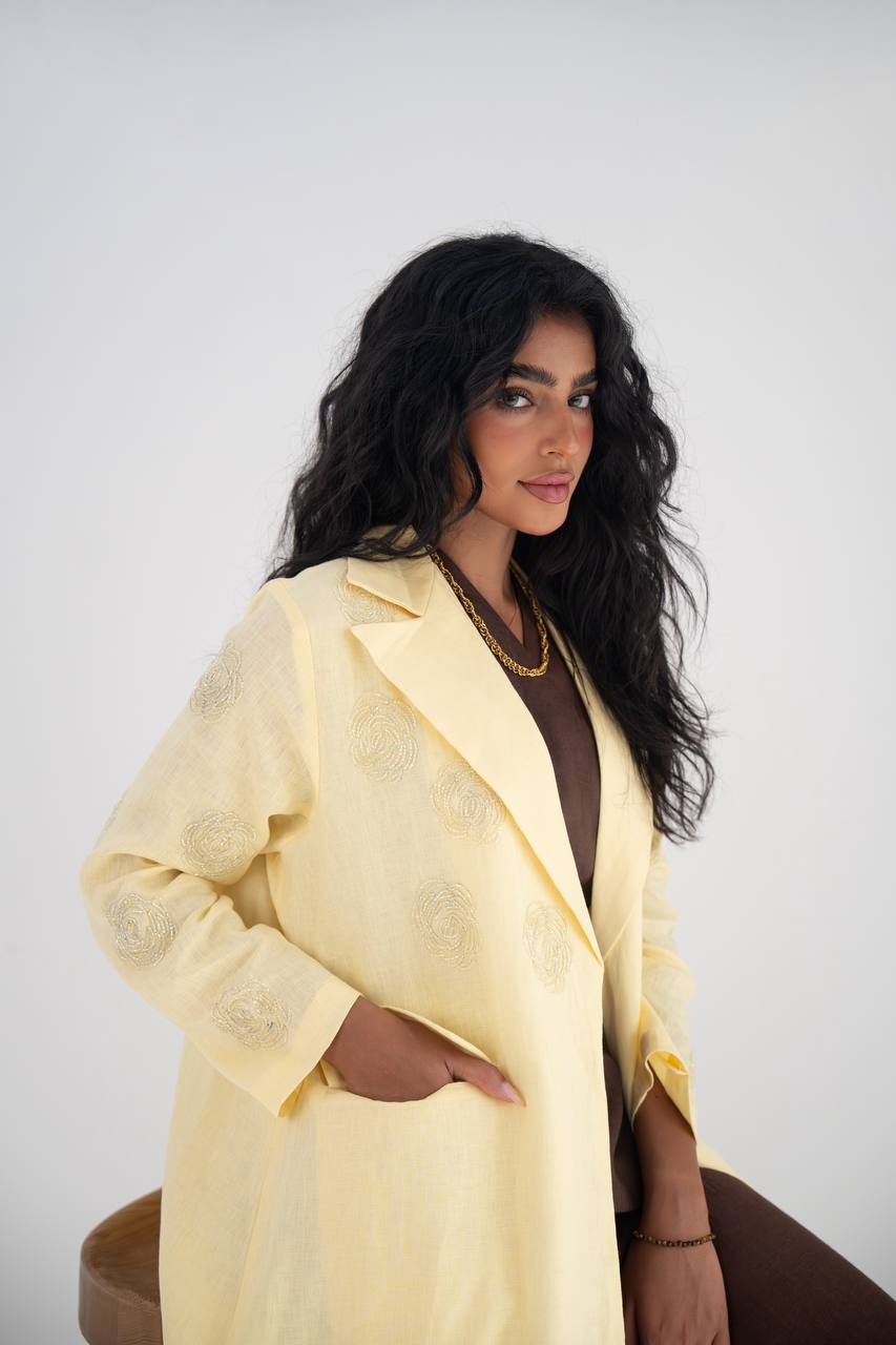 Butter yellow linen blazer abaya with hand embroidery C:6646