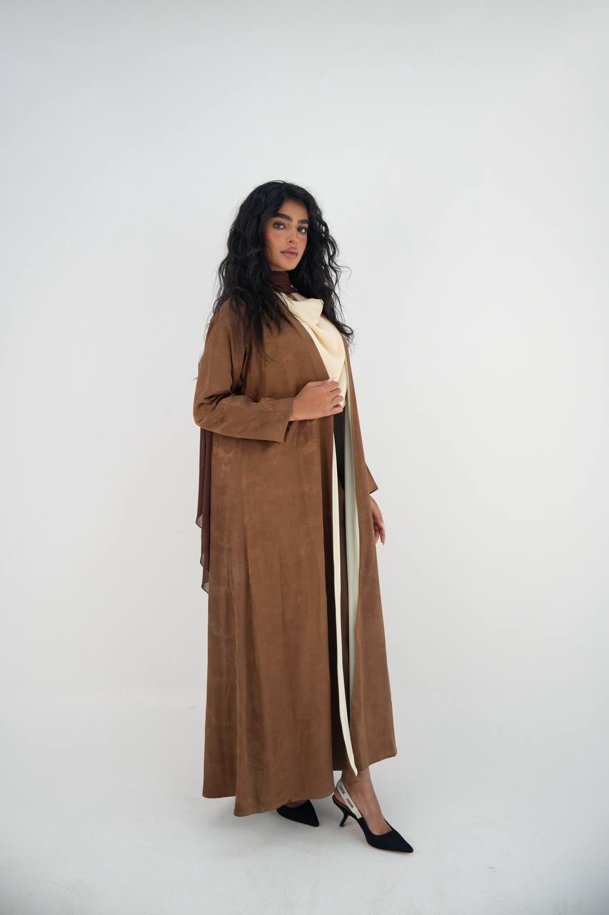 Honey-colored crepe jacquard abaya C:6645 Brown