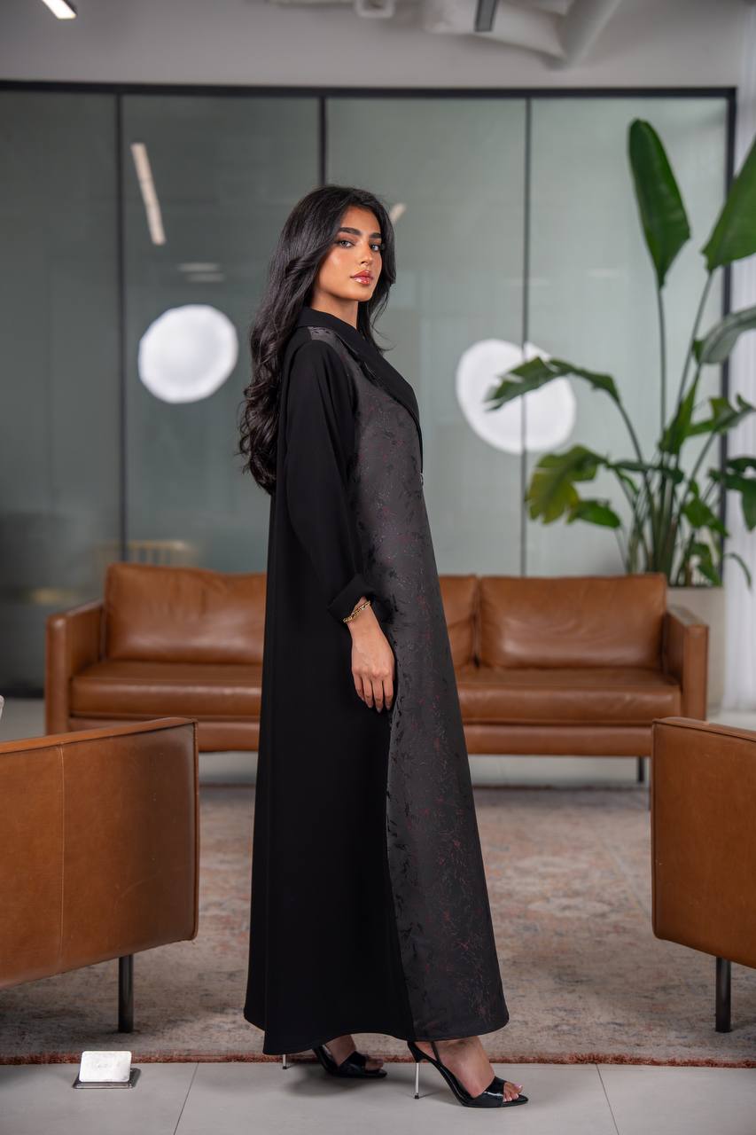 Black crepe blazer abaya with jacquard fabric C:6626
