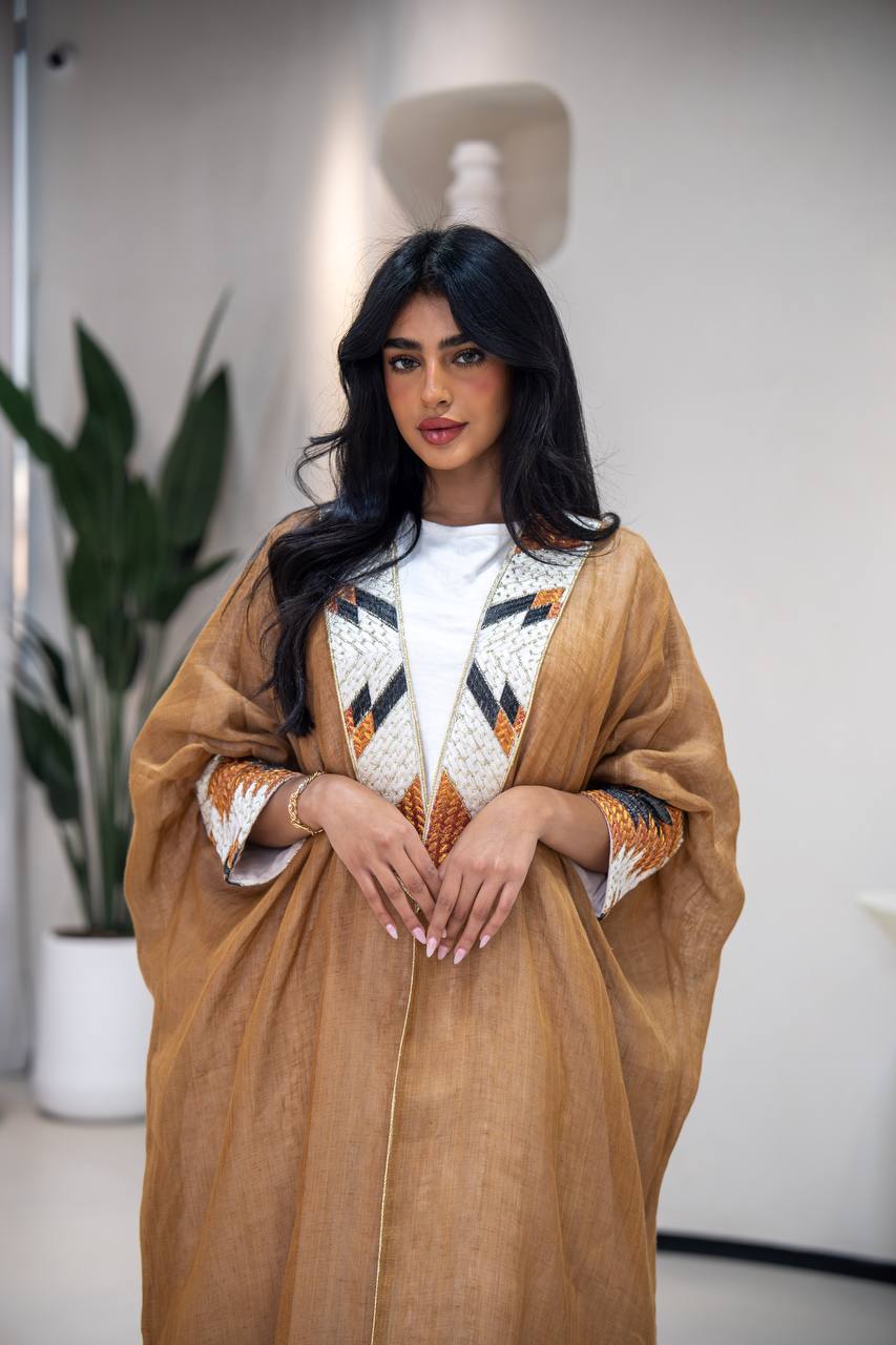 Camel-colored burlap bisht abaya with embroidery C:6621 (Free size)