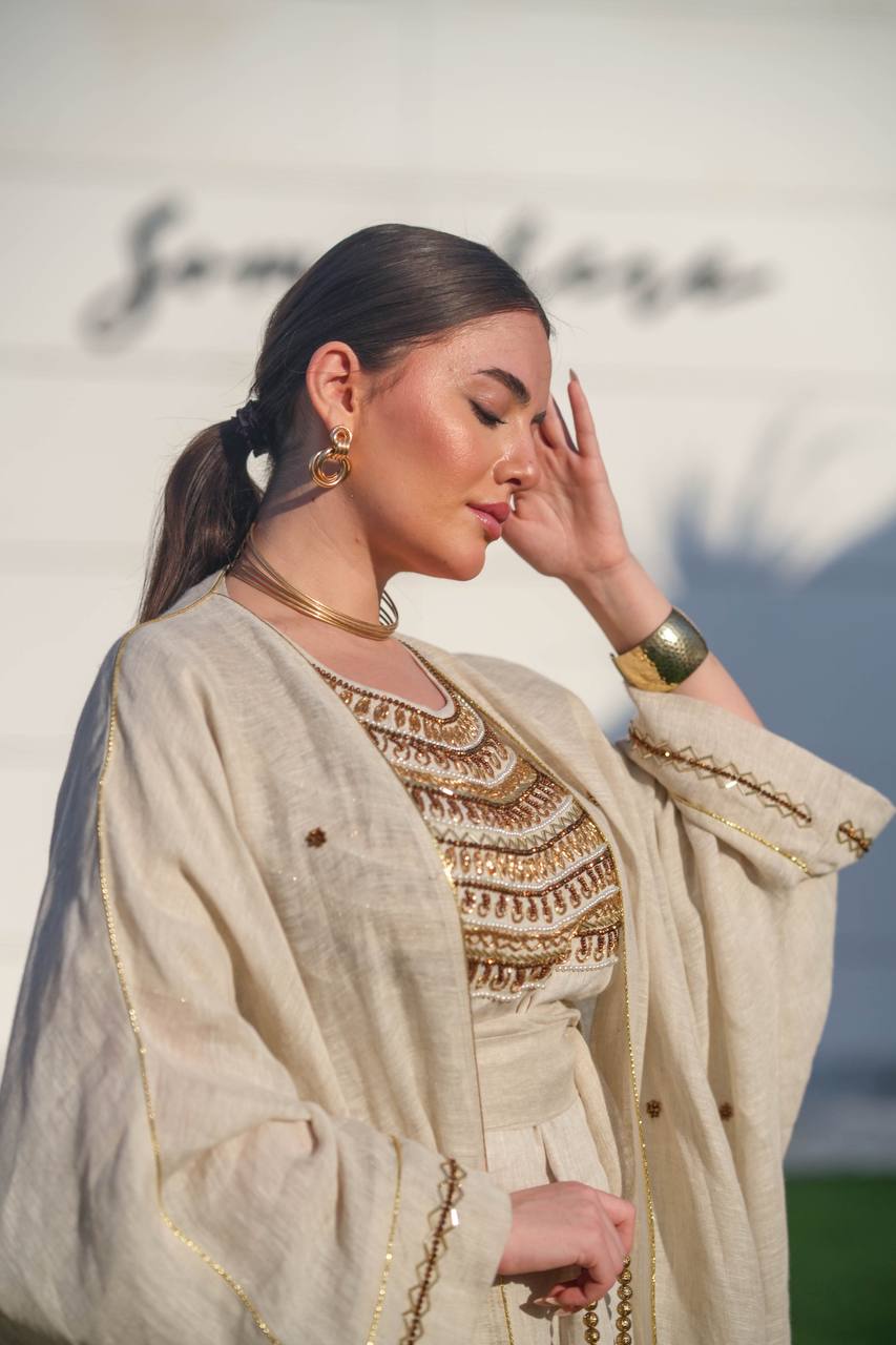 Bisht made of burlap and linen dress, in light beige with hand embroidery C:6618