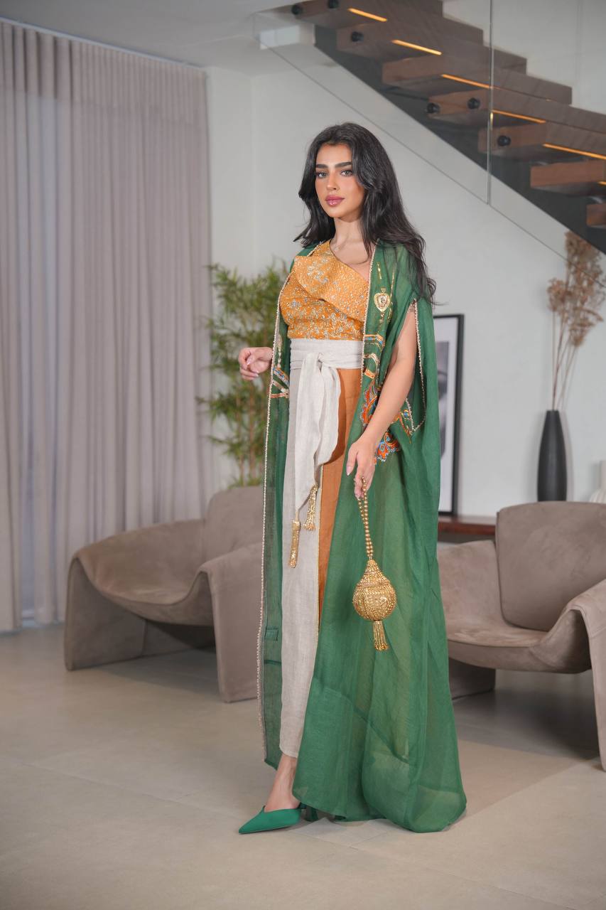 Green Bisht with beige linen dress with orange and embroidery C:6614