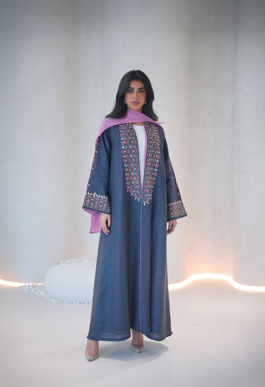 Linen abaya in navy blue with embroidery C:6604