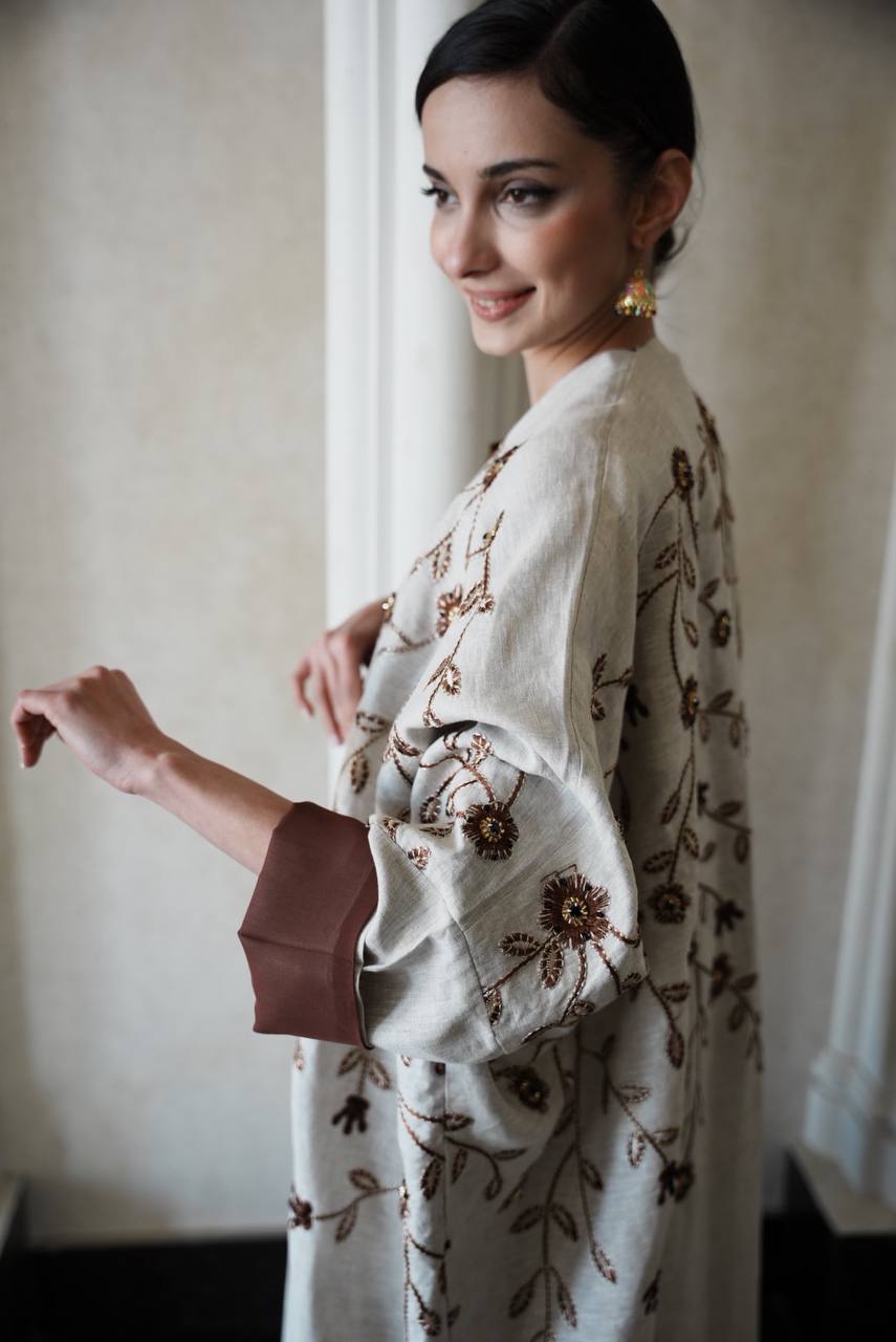 Bisht Linen Abaya in beige color with embroidery C:6595